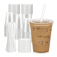 Wakeshome - 100 Vasos Desechable Plástico Con Tapa Y Bombillas 16 Onzas Transparente