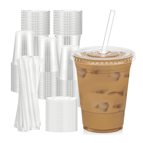 Wakeshome - 100 Vasos Desechable Plástico Con Tapa Y Bombillas 16 Onzas Transparente