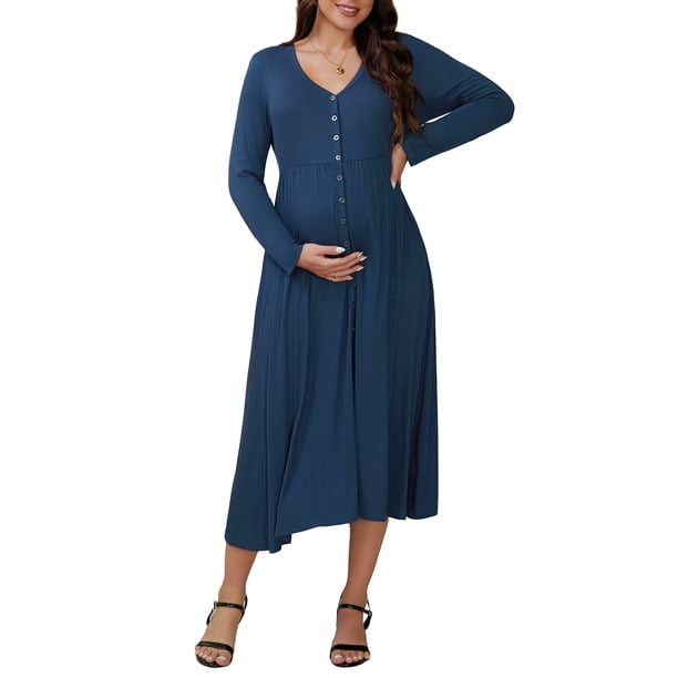 INSPIRE CHIC Vestidos de maternidad para mujeres, botón plisado, tejido de punto, manga larga, sesión de fotos, vestido maxi de embarazo, 2XL azul