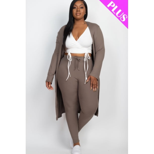 Conjunto de Cárdigan Largo y Leggings de Canalé de Talla Grande