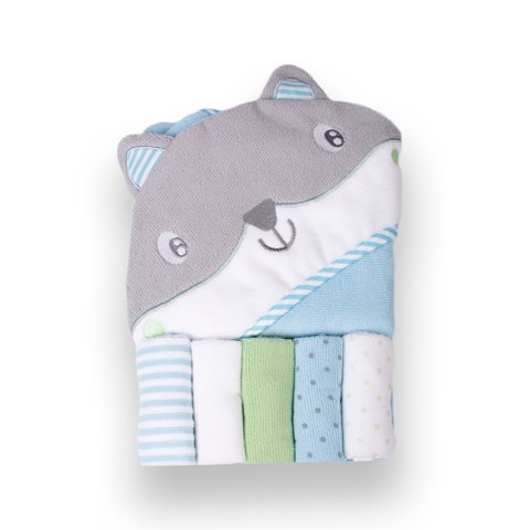 Salida De Baño Con 5 Toallitas Bebé Niño Celeste Pillin