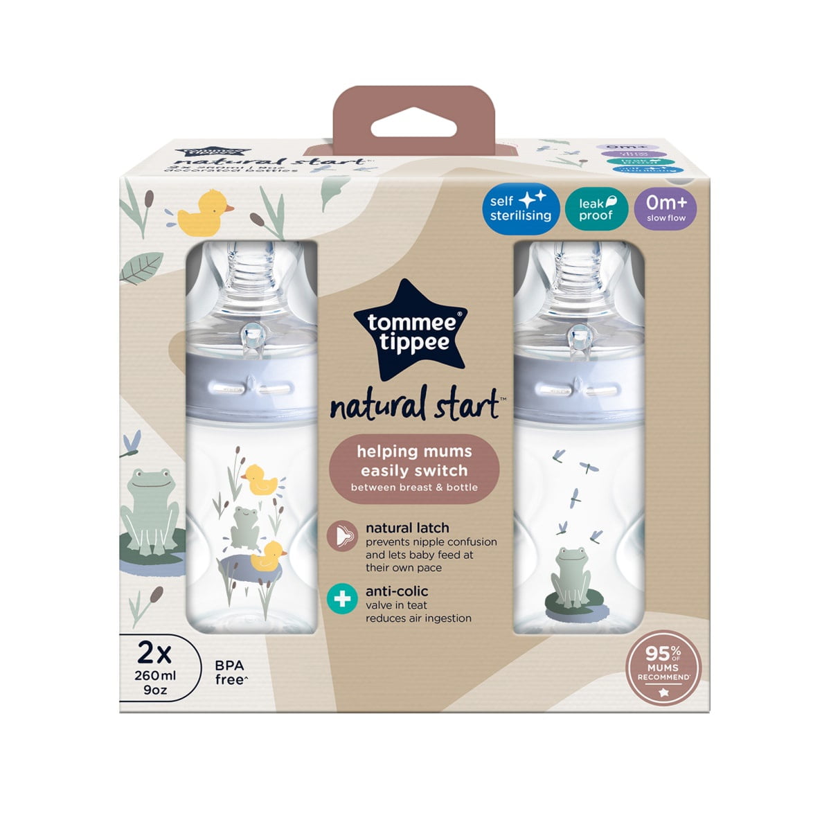 Tommee Tippee - Set 2 Mamaderas Natural Start 260ml Celeste Diseño Ranitas