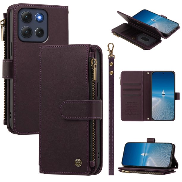 Funda Billetera Motorola Moto G86 con Cremallera y Soporte, Morado