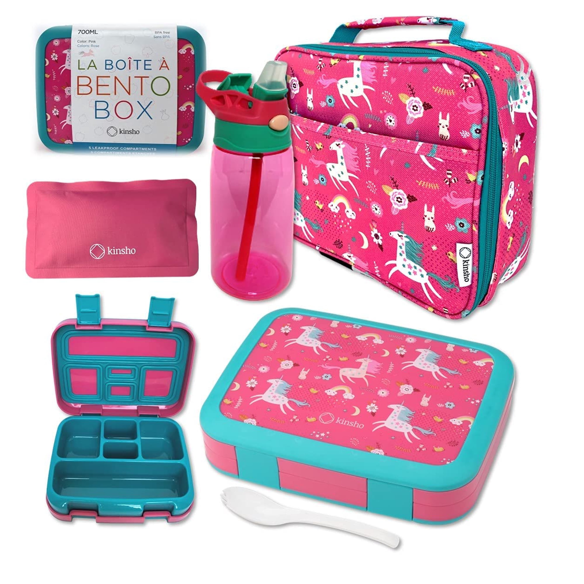 Fiambrera Bento Kinsho Pink Unicorn Con Bolsa Aislante Y Botella