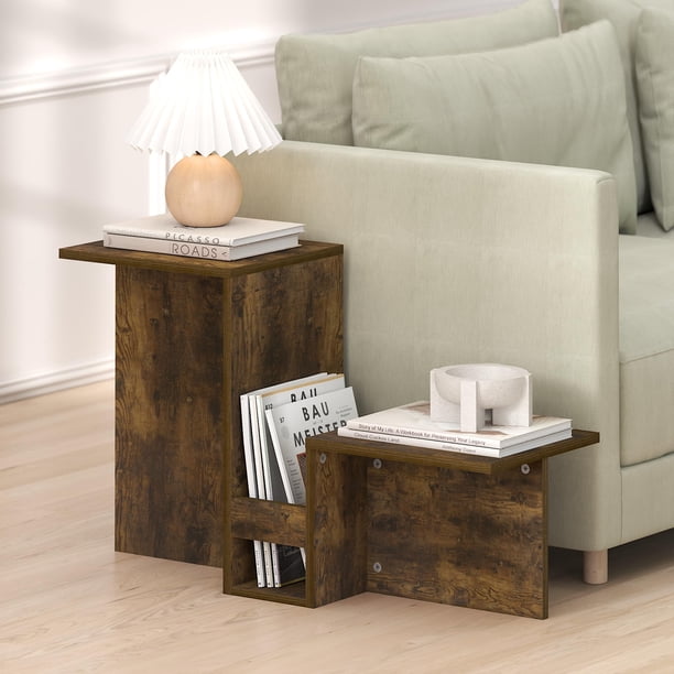 Mesa auxiliar Furinno BOYATE con diseño en forma de valle, estantes escalonados y porta revistas – a