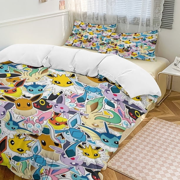 Eevee Bed Duvet Cover Funny Anime Cartoon Bedding Sets Lightweight 3 Piece Comforter Sets