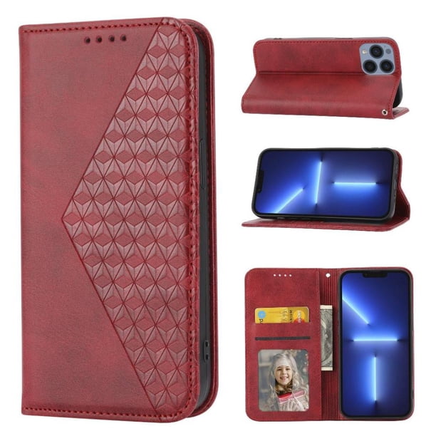 Funda Flip FOXDOCK para iPhone 13 Pro , Estilo Billetera con Diseño Rombo, Correa de Mano y Soporte, Uso Diario