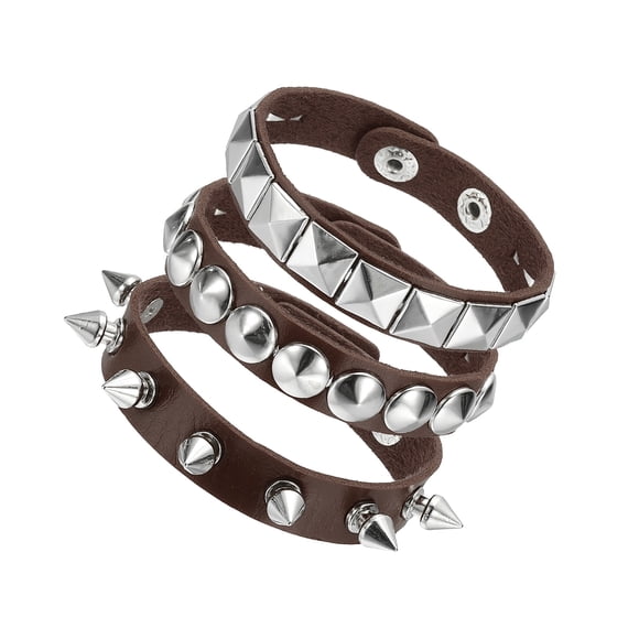 Uxcell 3Pcs Conjunto de Pulseras de Cuero con Picos Rock Punk, 8.7"/22cm Muñequera con Tachuelas Góticas Ajustables para Fiestas de Halloween, Accesorios Grunge, Café