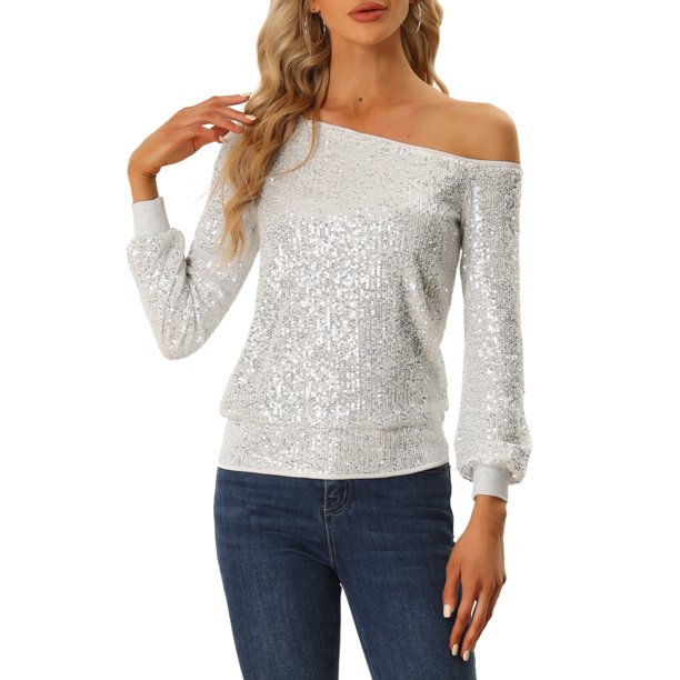 INSPIRE CHIC Tops de lentejuelas sin hombros para mujer con mangas largas para fiesta disco brillante con purpurina M Plata