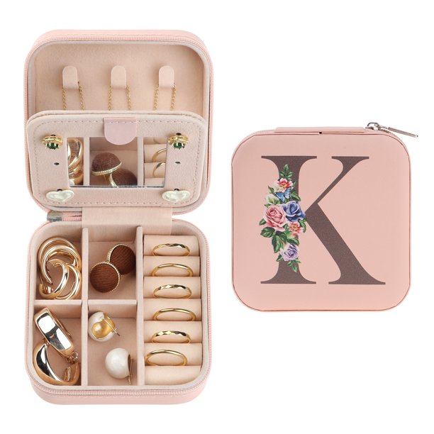 Caja de accesorios de viaje REGALWOVEN con espejo, mini organizador de accesorios portátil de cuero PU, estante de almacenamiento rosa K