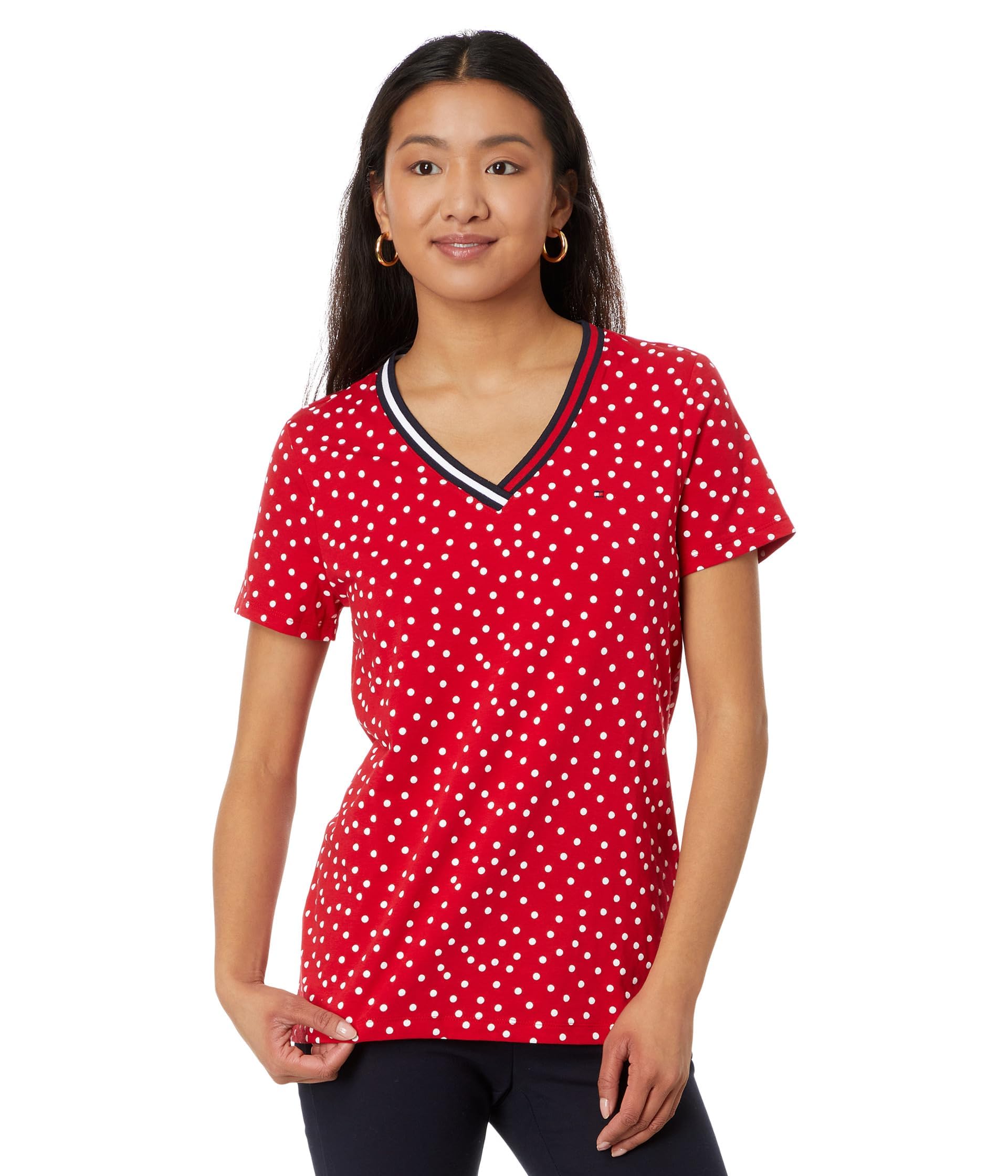 Camiseta Tommy Hilfiger De Manga Corta Con Cuello En V Y Lunares Para Mujer