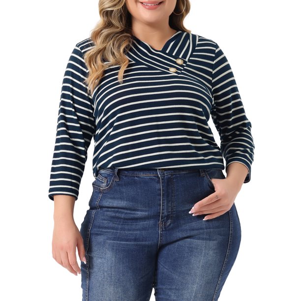 Agnes Orinda Conjuntos de Halloween para Mujeres Tallas Grandes Tops de Escuela Universitaria Manga 3/4 Blusa Casual Elegante de Punto a Rayas Cuello Asimétrico Camiseta de Moda 2X Azul Oscuro