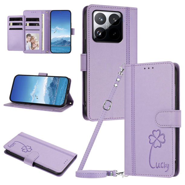 Funda Cartera Trébol para Xiaomi 15T con Ranuras Tarjetas y Carga Inalámbrica Morado claro