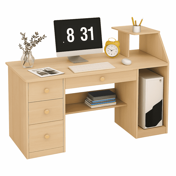Mesa de Trabajo – Madera Clara, Estructura Negra y 3 Cajones Amplios