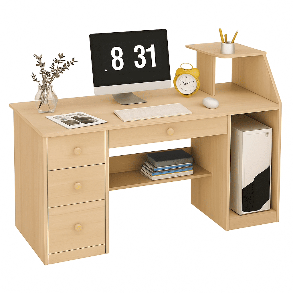 Spacehome - Mesa De Trabajo – Madera Clara, Estructura Negra Y 3 Cajones Amplios