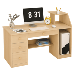 Spacehome - Mesa De Trabajo – Madera Clara, Estructura Negra Y 3 Cajones Amplios