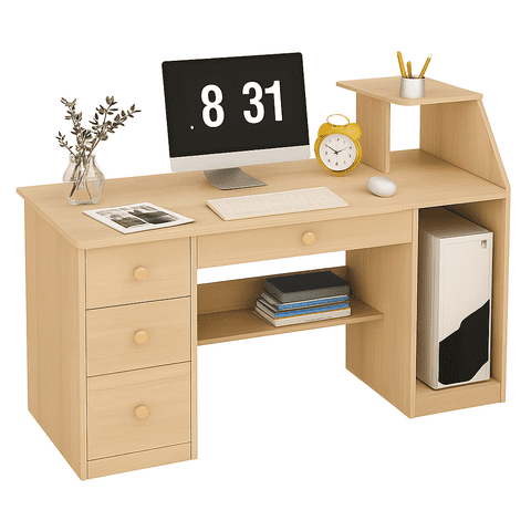 Spacehome - Mesa De Trabajo – Madera Clara, Estructura Negra Y 3 Cajones Amplios