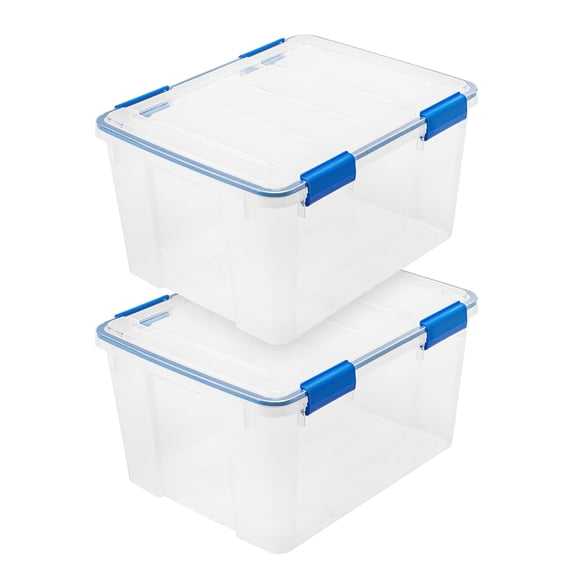 Contenedores de almacenamiento Iris USA WeatherPro de 44 cuartos de galón con tapas, paquete de 2, transparentes/azules