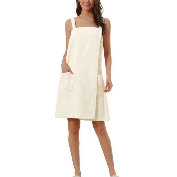INSPIRE CHIC Vestido de Toalla de Mujer con Cierre de Tela de Terry Absorbente de Secado Rápido con Tirantes Ajustables y Bolsillos L Beige