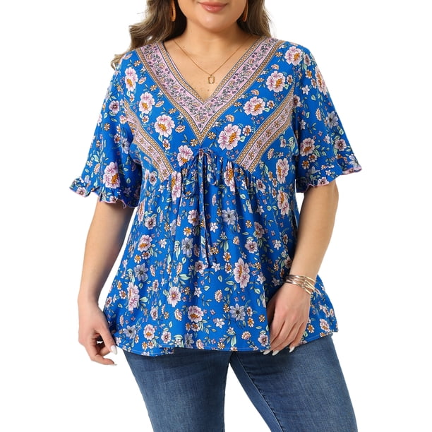 Agnes Orinda Blusa de Mujer Talla Grande para Escuela o Universidad, Estampado Floral, Cuello en V, Mangas Cortas con Volantes, Estilo Bohemio, Plisada, Casual, Verano, Holgada, Talla 1X, Azul