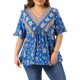 thumbnail image 1 of Agnes Orinda Blusa de Mujer Talla Grande para Escuela o Universidad, Estampado Floral, Cuello en V, Mangas Cortas con Volantes, Estilo Bohemio, Plisada, Casual, Verano, Holgada, Talla 1X, Azul, 1 of 6