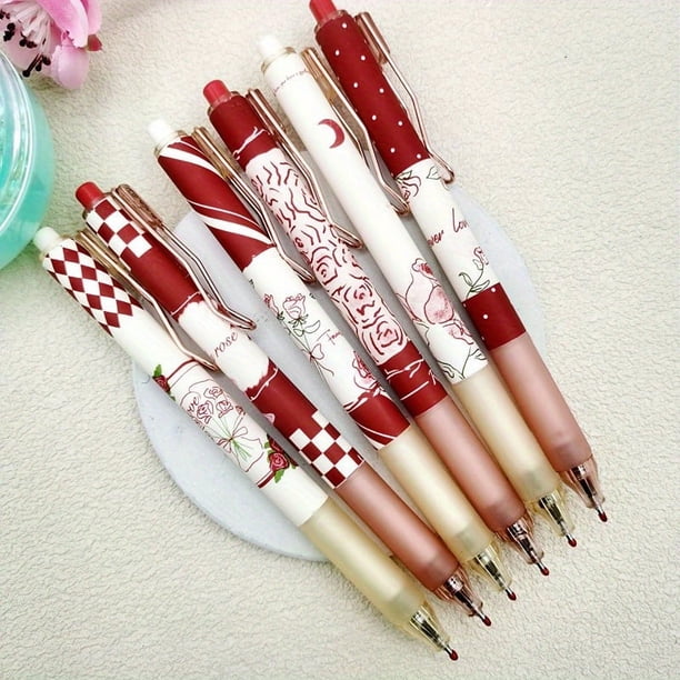 Get Ready to Ace Your Exams with 6pcs/box Red Rose Gel Ink Rollerball Pens - Smooth Writing, 0.5mm Tip, Carbon Black Ink
