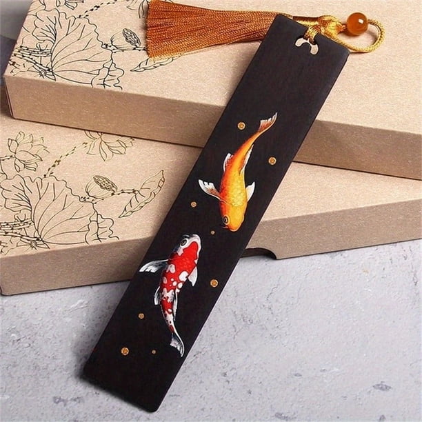 Chinese Style Painted Koi Carp Sandalwood Bookmark Retro Tassel Pendant Lucky Book Mark School Office Reading Stationery