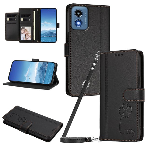 Funda Cartera Trébol para Motorola Moto G Play 2024 5G con Ranuras Tarjetas y Carga Inalámbrica Negro