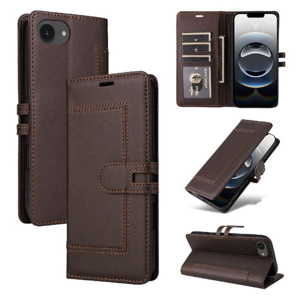 Premium Wallet Case for iPhone 16e with Card Slots & Kickstand, Flip Cover Brown