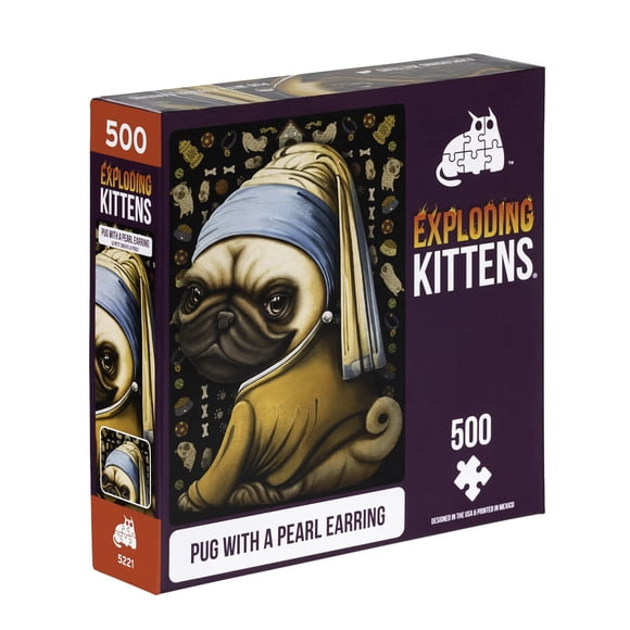 Pendientes Puzzle Exploding Kittens con forma de carlino con perla, 500 piezas