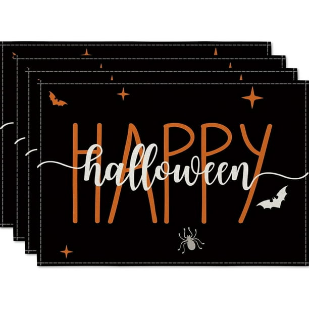 4pcs, Linen Placemats, Skulls Day Of The Dead Placemats , Silhouette Halloween Fall Table Mats, For Party Kitchen Dining Decoration, Halloween Decor, Halloween Theme Placemat