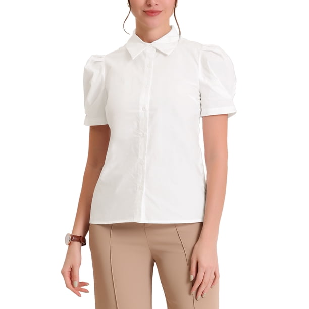 INSPIRE CHIC Edición Camisa de Mujer con Mangas Cortas Abullonadas y Cuello Abatible para Oficina, Botonadura Frontal, Talla S, Blanca