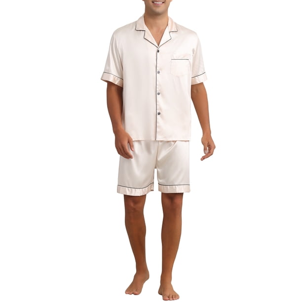 INSPIRE CHIC Conjunto de Pijamas de Satén para Hombres de Manga Corta Ropa de Dormir de Dos Piezas con Bolsillos Pijamas Suaves para Dormir M Champán