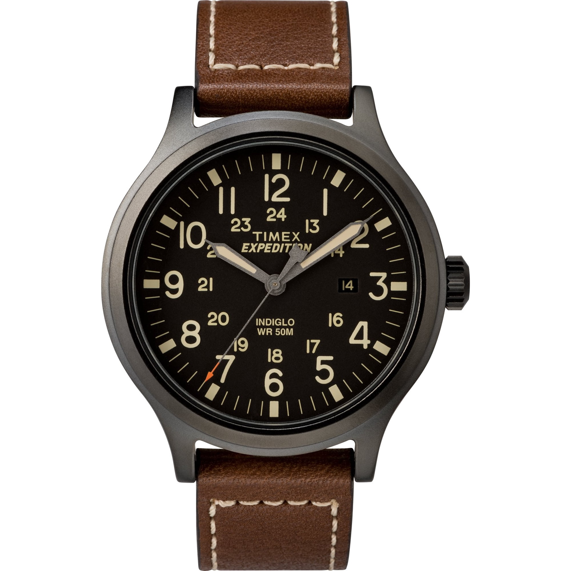 Reloj Timex Expedition Scout Para Hombre, Esfera Negra, 43 Mm, Correa De Piel Marrón