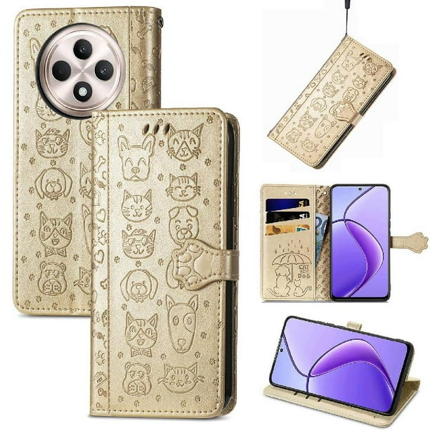 Funda Cartera FOXDOCK para OPPO Reno 12F , Flip PU con Relieve de Gatos y Perros, Tarjetero y Soporte