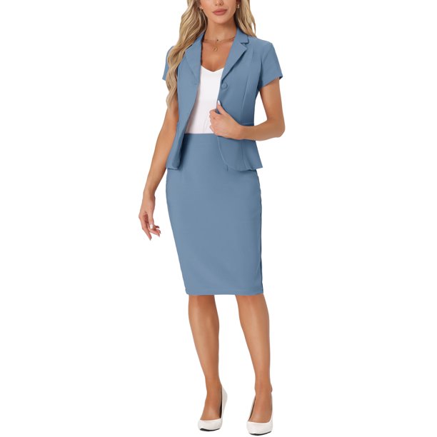 INSPIRE CHIC Conjunto de Traje de Negocios para Mujer de 2 Piezas Chaqueta Blazer de Manga Corta y Falda Lápiz XS Gris Azul