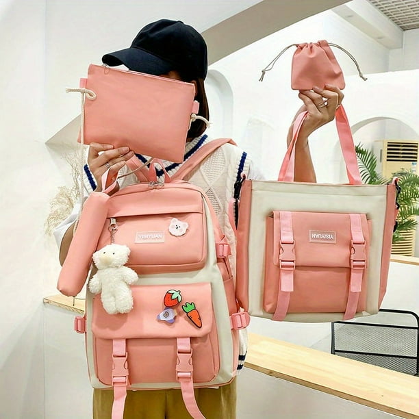 Cute & Stylish Large Capacity Backpack with Bear Pendant, Handbag, Shoulder Bag & Pencil Bag