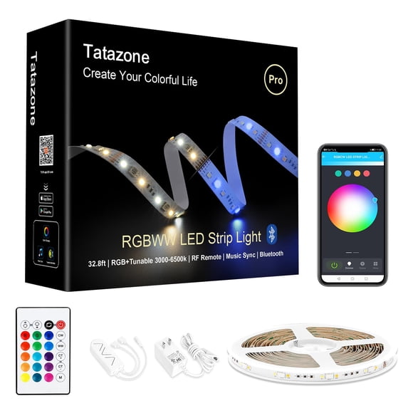 Tira de luces LED Tatazone RGBWW Bluetooth 10 m con aplicación y control remoto