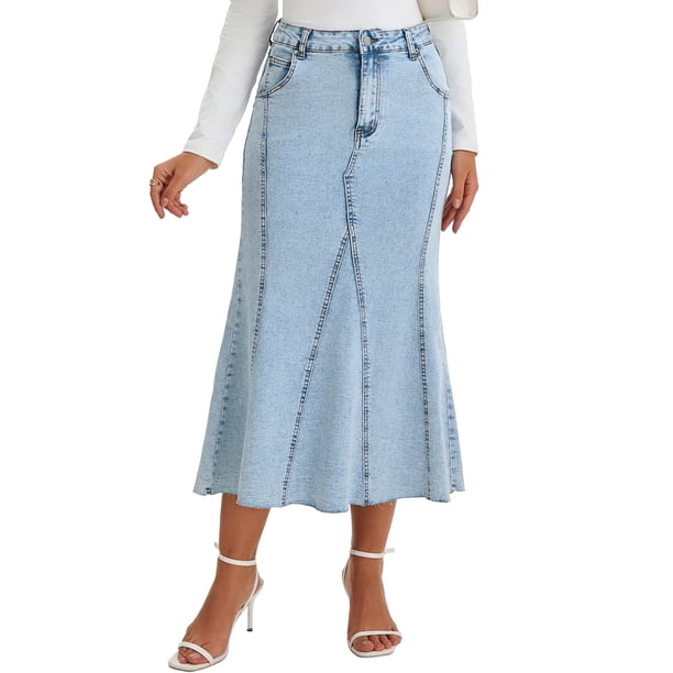 INSPIRE CHIC Faldas largas de mezclilla para mujer de cintura alta, ajuste casual y acampanado, falda larga de mezclilla M azul claro