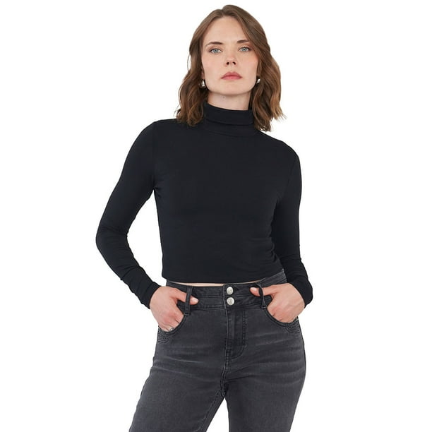 Polera Mujer Cuello Tortuga Manga Larga Negro Corona