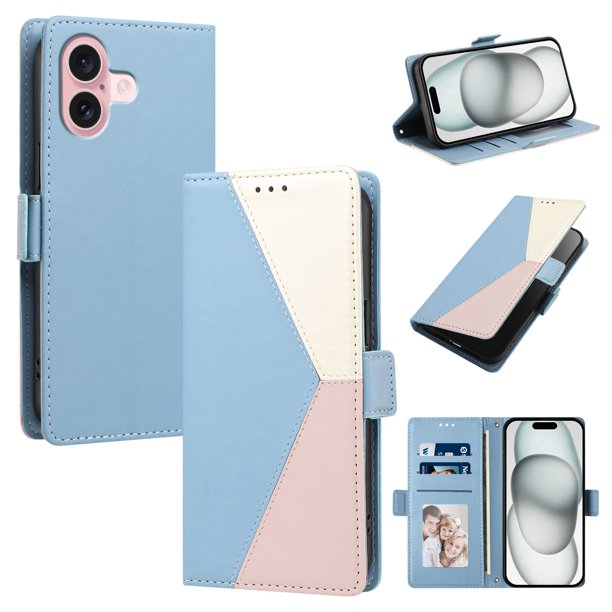 Funda Cartera Tricolor para iPhone 16 con Ranuras para Tarjetas, Azul Claro