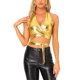 thumbnail image 1 of INSPIRE CHIC Top metálico con cuello halter para mujer, escote profundo en V, sin espalda, crop top holográfico M dorado, 1 of 6