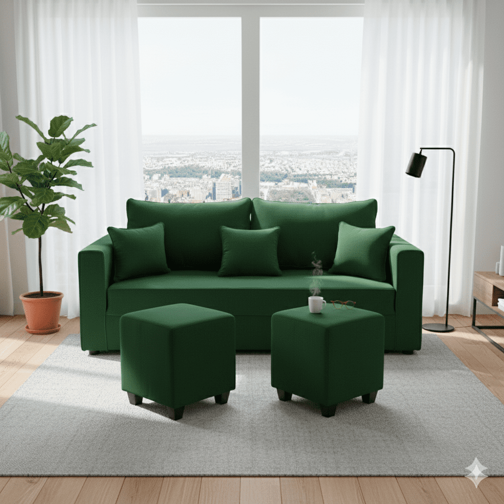 Construmuebles - Living Aurelia 3 Cuerpos + 2 Pouf Tela Verde