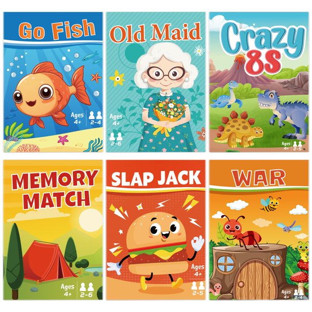 Juego de cartas Etyishe para niños: Go Fish, Old Maid, Memory Match, Slap Jack, Crazy 8s, War