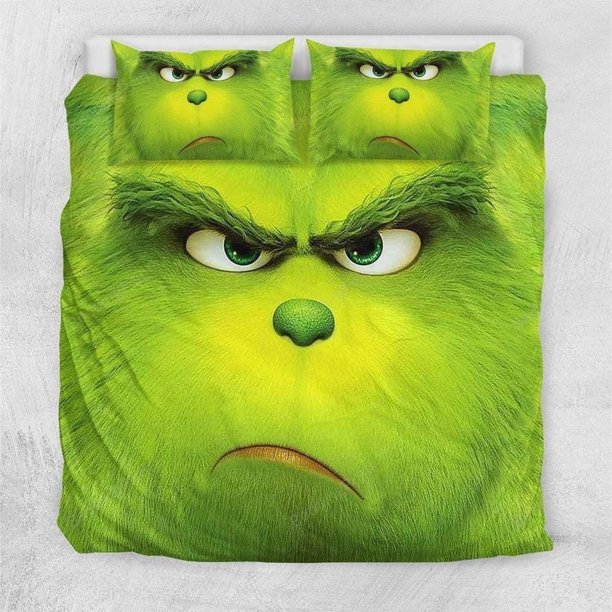 Thin Green Grinch Face Quilt Duvet Cover Set Soft Bedding Queen Doona Cover3-Piece Bedding Set
