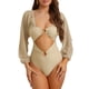 thumbnail image 1 of INSPIRE CHIC Traje de baño de una pieza para mujer con mangas largas, escote pronunciado, panel de malla, control de abdomen y corte alto para playa, caqui, talla extra pequeña, 1 of 5