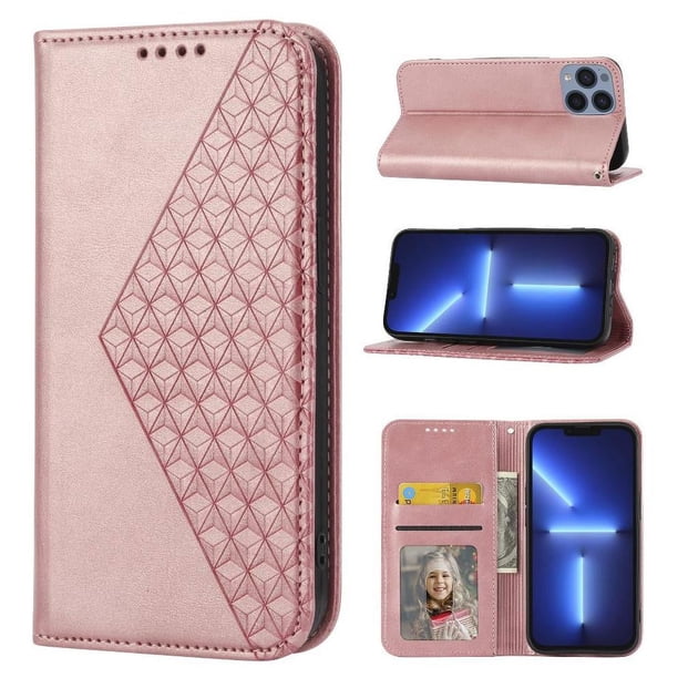 Funda Flip FOXDOCK para iPhone 14 , Estilo Billetera con Diseño Rombo, Correa de Mano y Soporte, Uso Diario