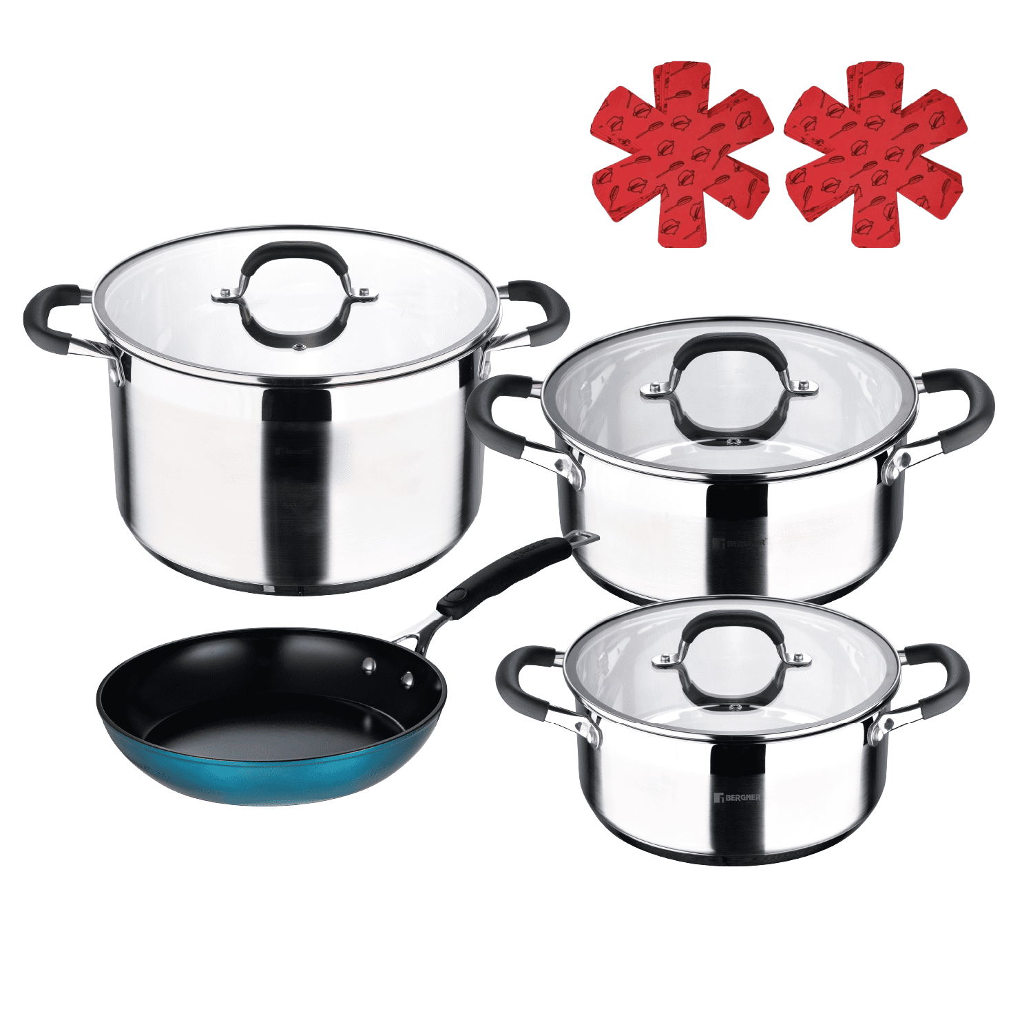 Bergner - Set 7 Pzas Ollas Y Sarten Midnight Blue+ 2 Protectores De Sartenes De Regalo