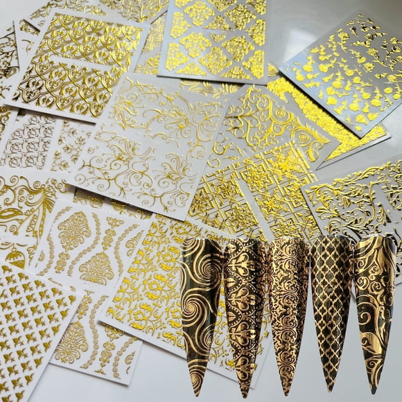 Hojas de stickers adhesivos para nail art NAIL ANGEL, 26 hojas, color dorado