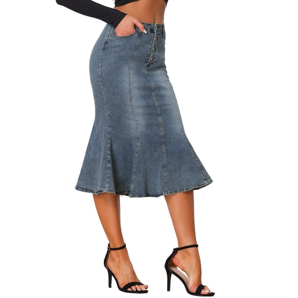 INSPIRE CHIC Falda de Cola de Sirena para Mujer Vuelta al Colegio para Mujer Maxi Falda de Mezclilla Desgastada Gris Azul L
